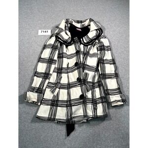 LA Kitty Pea‎ Coat Womens L White Black Plaid Cotton Double Breasted Belted